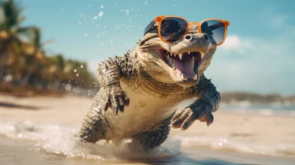 Poster Experience the intensity of an crocodile leaping onto the beach in a stunning close-up photo, Ai Generated. © Crazy Juke