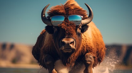 Experience the intensity of an bison leaping onto the beach in a stunning close-up photo, Ai Generated. - obrazy, fototapety, plakaty
