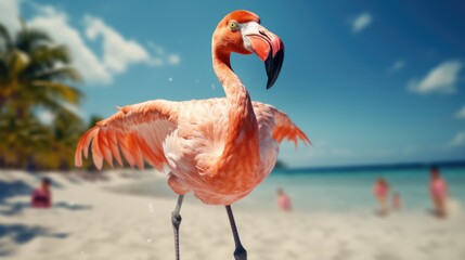 Experience the intensity of an flamingo leaping onto the beach in a stunning close-up photo, Ai Generated.