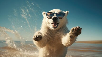Adventurous polar bear jumps onto the beach, showcasing cool sunglasses, Arctic vibes meet coastal chic, Ai Generated.