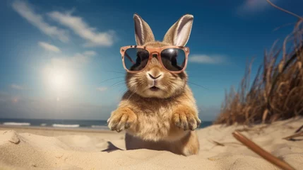 Schilderijen op glas Lively rabbit hops onto the beach, sporting charming sunglasses, a whimsical seaside escapade, Ai Generated. © Crazy Juke