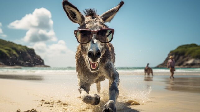 Experience the intensity of an donkey leaping onto the beach in a stunning close-up photo, Ai Generated.
