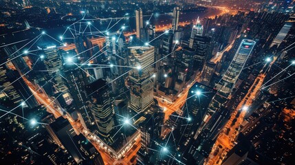 Aerial view of a connected, illuminated modern smart city. Ai Generated