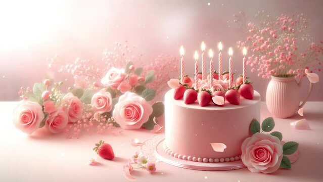Candles with pink cake. wedding, birthday celebration rose flower. loop video. generated AI.