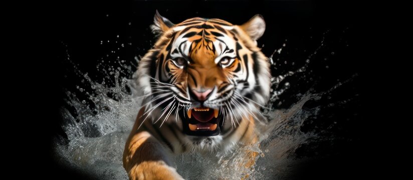 tiger walking in water with dark background and water drops