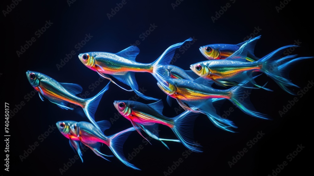 Wall mural witness a dynamic school of neon tetra fish in synchronized swim, ai generated.