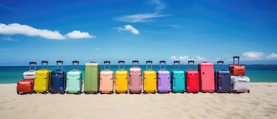 Vibrant travel luggage scattered on a sandy ocean beach, adding pops of color to the serene seascape. Ai Generated.