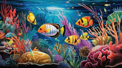 Fototapeta na wymiar Colorful fish explores vibrant underwater habitat with bright coral and lively plants, Ai Generated.
