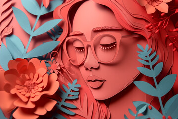 the face of a delightful girl surrounded by flowers, made in the style of cut paper. beautiful illustration with space for text. for international women's day