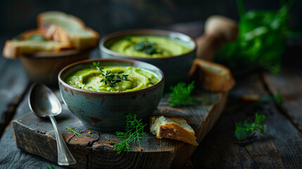 Food illustration, Green asparagus cream soup with toasted baguette, on a wooden table, rustic, dark background. In rustic style. Very healthy, Food for vegetarians. Seasonal dishes.