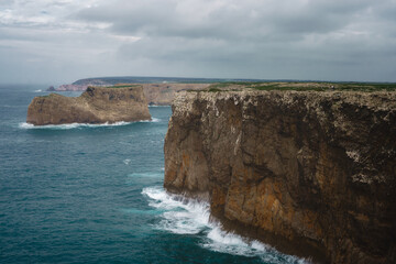 High angle view of cliffs and Atlantic ocean at Cabo De Sao Vincente, Portugal
