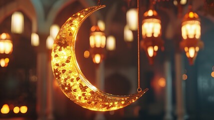 Glittery Crescent Moon with Mosque Inside Glass Dome