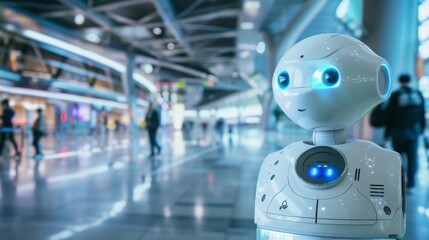 Obraz premium A closeup of a security robot equipped with facial recognition technology and scanning capabilities patrolling the airport for any potential threats.