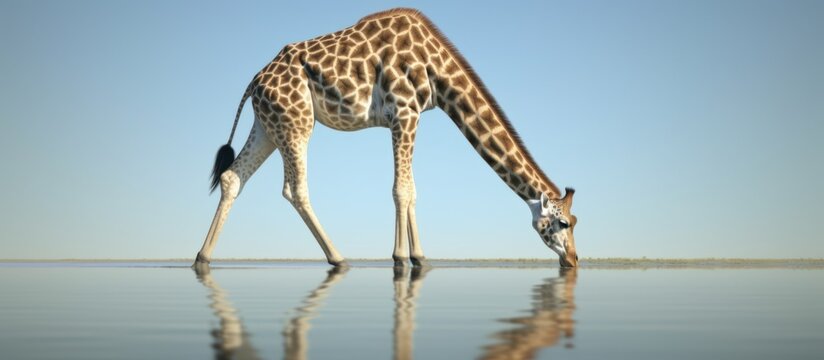 A giraffe is drinking in a shallow puddle of water
