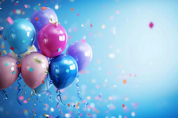 birthday party balloons, colourful balloons background and birthday cake with candles	