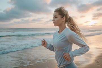Fototapeta na wymiar Healthy woman in sportswear jogging at the beach.