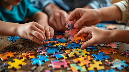 Family Engaged in Fun Puzzle Game Together. A family enjoys quality time together, concentrating on assembling a puzzle, in a cozy indoor setting. ai