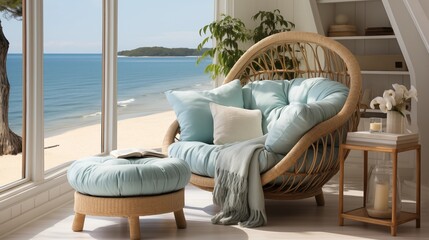 A cozy reading nook with pale seashell built-in bookshelves and a deep ocean reading chair