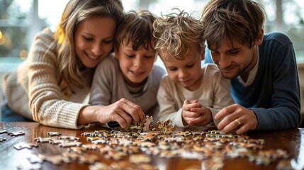 Family Engaged in Fun Puzzle Game Together. A family enjoys quality time together, concentrating on assembling a puzzle, in a cozy indoor setting. ai