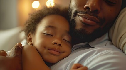 A heartwarming scene of a father and his young child cuddling and napping together, showing a strong bond. Quiet bedtime routine with parents tucking children in. ai - obrazy, fototapety, plakaty