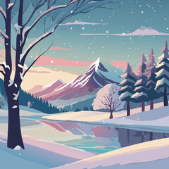 Winter landscape with trees, mountains, snow, soft pastel colors, poster