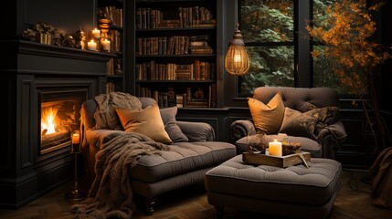 A cozy reading nook with pale gold built-in bookshelves and a deep bronze reading chair - obrazy, fototapety, plakaty