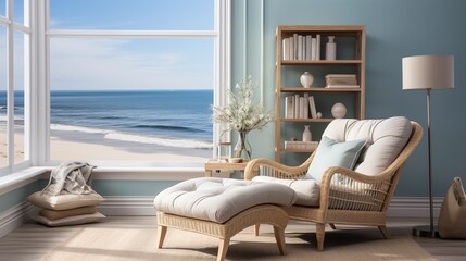 A cozy reading nook with pale seashell built-in bookshelves and a deep ocean reading chair - obrazy, fototapety, plakaty
