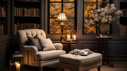 A cozy reading nook with pale gold built-in bookshelves and a deep bronze reading chair - obrazy, fototapety, plakaty
