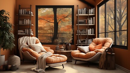 A cozy reading nook with soft peach built-in bookshelves and a burnt sienna reading chair - obrazy, fototapety, plakaty