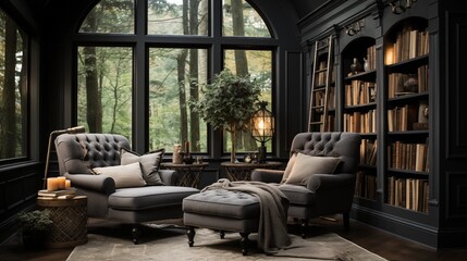 A cozy reading nook with soft gray built-in bookshelves and a deep charcoal reading chair - obrazy, fototapety, plakaty