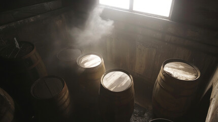 From above the tops of several barrels covered in a layer of dust can be seen creating a sense of age and nostalgia. A faint light shines through a window illuminating the