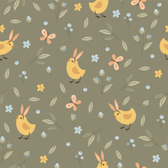 Seamless pattern with Easter chicks and spring flowers. Vector illustration