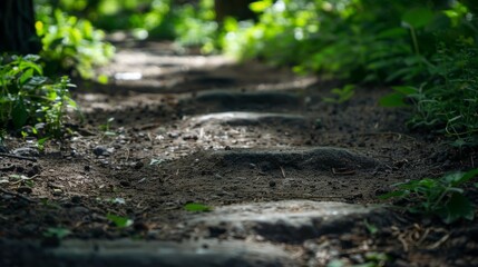 Close-up view of a forest trail with exposed roots and sunlight filtering through the foliage, inviting a sense of adventure and exploration.