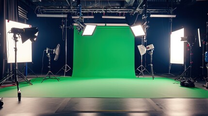 Shooting studio with professional equipment and green screen - 740453795
