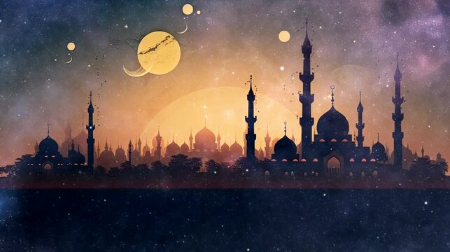 background mil y una noches, words "Ramadan kareem". seamless looping time-lapse virtual 4k video animation background