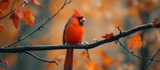 Vibrant red bird perched on lush green branch with colorful leaves in the background