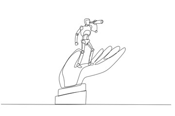 Cartoon of Vector Robot chatbot,AI in science and business stand on support hand look into telescope vision