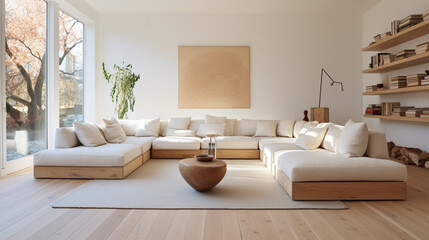 Fototapeta na wymiar A simple living room with light wood floors, a white sectional sofa, and colorful throw pillows.
