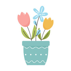 Beautiful flowers in a decorative pot, illustration in a simplified style. Freehand drawing