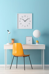 A simple office mockup with a clean, white work desk, a pop of vibrant blue in the chair, and a...