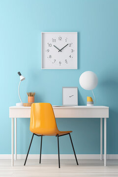 A simple office mockup with a clean, white work desk, a pop of vibrant blue in the chair, and a colorful wall clock.
