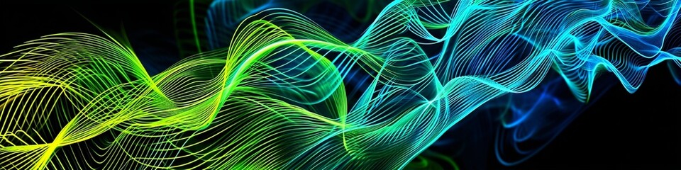 Abstract neon green and blue waves intertwining, the quality and resolution reminiscent of an HD photo