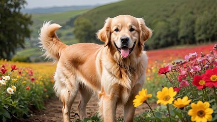 Joyful Golden Retriever Frolicking in a Blossoming Flower Field