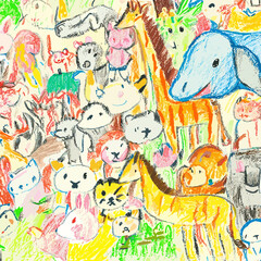 many types of animal drawing childish artwork with crayons, giraffe, elephant, snd many more