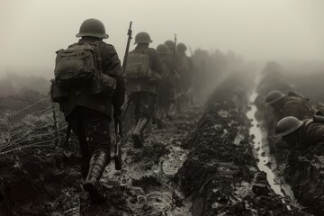 Illustration Portrays a Somber Haunting World War Battlefield Scene rendered in Monochromatic Sepia Toned Filter that gives it a Historical Aged Appearance created with Generative AI Technology