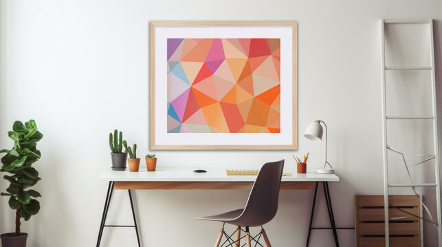 A simple office space with a blank white empty frame, highlighting a vibrant geometric art print.