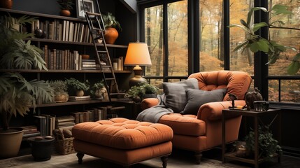 A cozy reading nook with soft coral built-in bookshelves and a dark rust reading chair, furnished with a plush rust rug and a coral  - obrazy, fototapety, plakaty