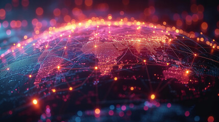 A 3D visualization of a globe with a web of lines and data points running across it illustrates the global reach and impact of financial planning in todays interconnected