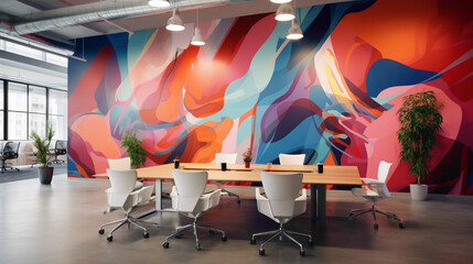 A simple office space with minimalist desks, ergonomic chairs, and a feature wall with a bold, colorful mural.