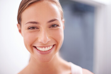Skincare, happy and portrait of woman in bathroom with cosmetic, health and wellness treatment....